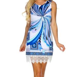 White Mark brand cute white & blue stretchy lace trim dress sz Med retro print